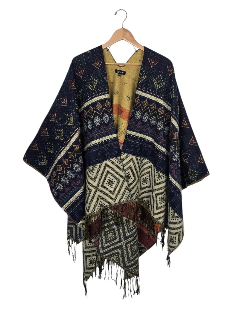 Sisters Kara Print Tassel Poncho Wrap Scarf Geometric Navy Gold Cream